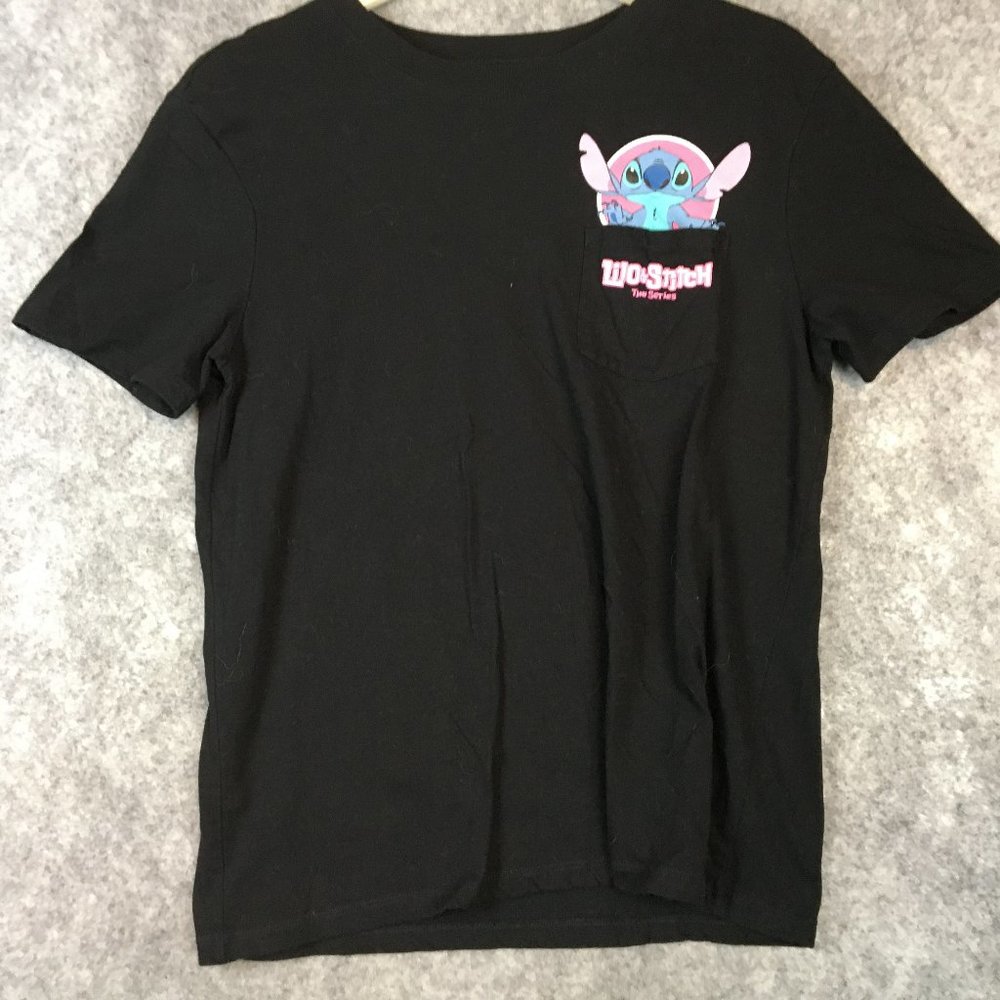 Disney Top M 7 9 Juniors Womens Lilo Stitch Pocket Black Crew Neck Characters